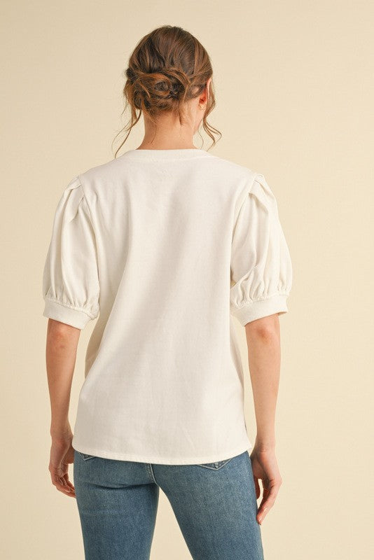 Off White Puff Sleeve V-Neck Top