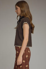 Brown Cap Sleeve with Attached Scarf at Neck Sweater