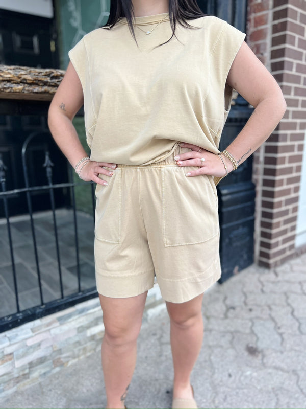 Camel Cotton Poly Shorts with Pocket