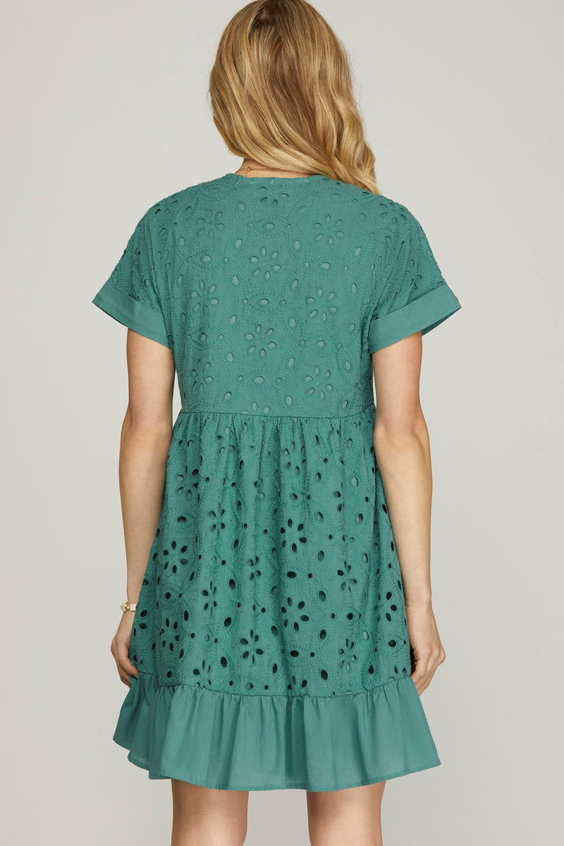 Sea Green Eyelet Ruffle Hem Dress