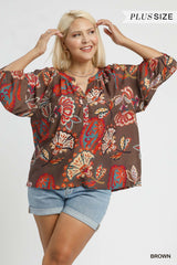 Curvy Boho Paisley Puff Sleeve Blouse