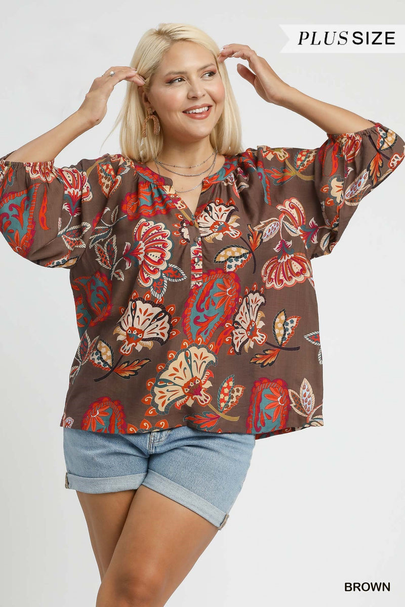 Curvy Boho Paisley Puff Sleeve Blouse