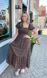 Brown Plaid Puff Sleeve Ruffle Midi Dress