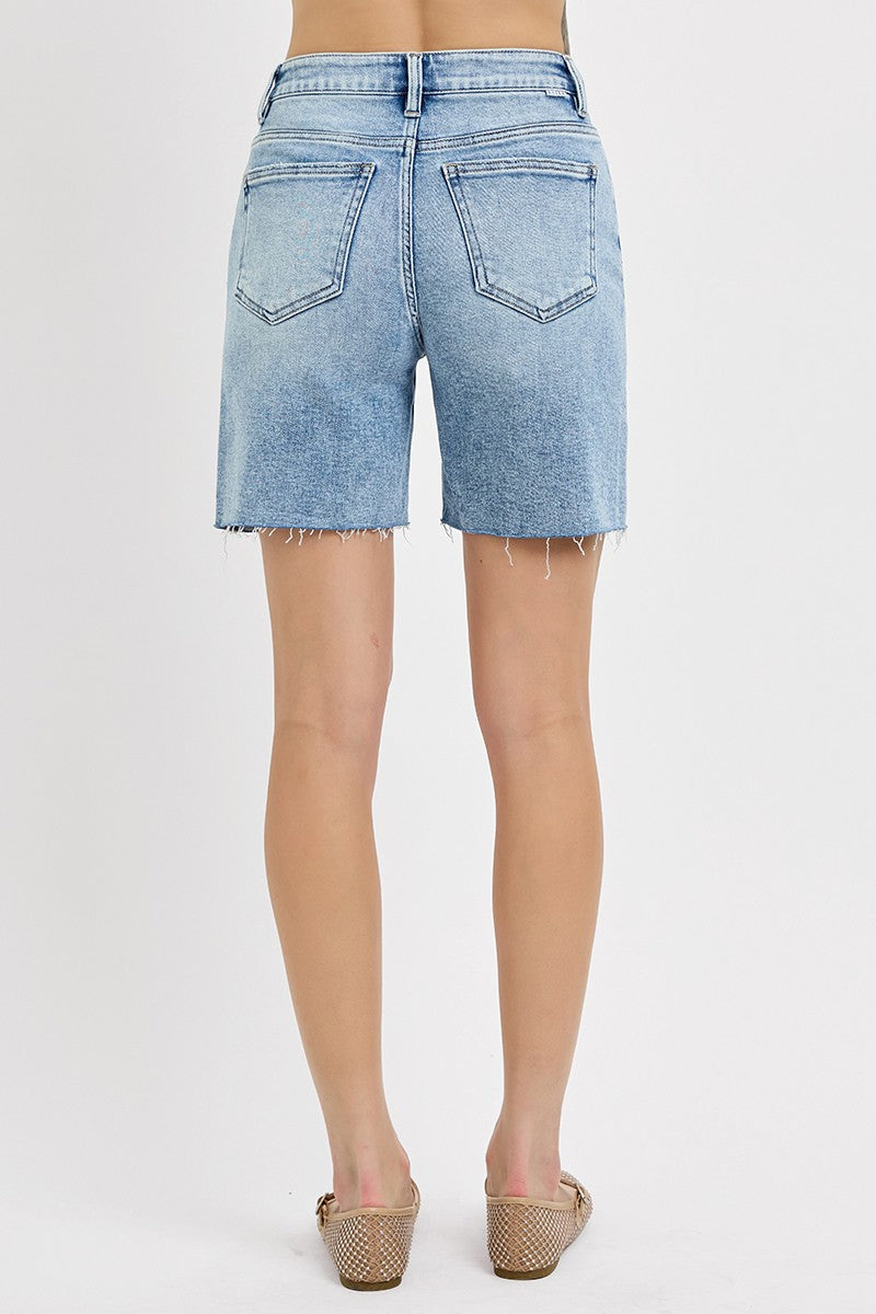 Delta's High-Rise Mid Length Raw Cut Hem Denim Shorts