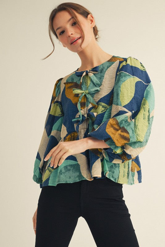 Front Bow Tie Abstract Peplum Top