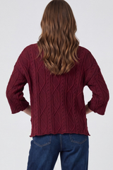 Wine 3/4 Sleeve Cable Knit Sweater