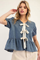 Denim Top with Front Ribbon Tie