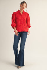Red Embroidered Button Up Long Sleeve Top