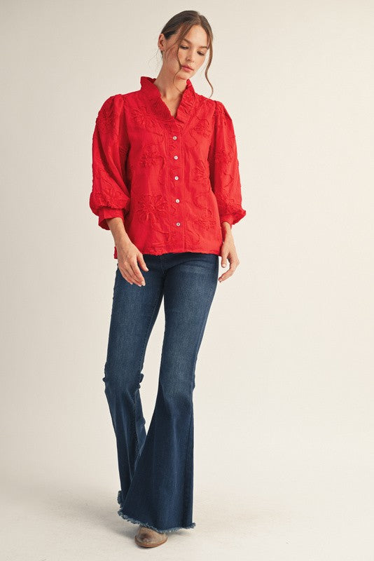 Red Embroidered Button Up Long Sleeve Top