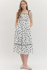 Polka Dot Tie Shoulder Scallop Trim Midi Dress