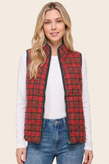 Red Plaid Zip Up Puffer Vest