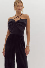 Black Velvet Halter Top with Tulle Bow Jumpsuit