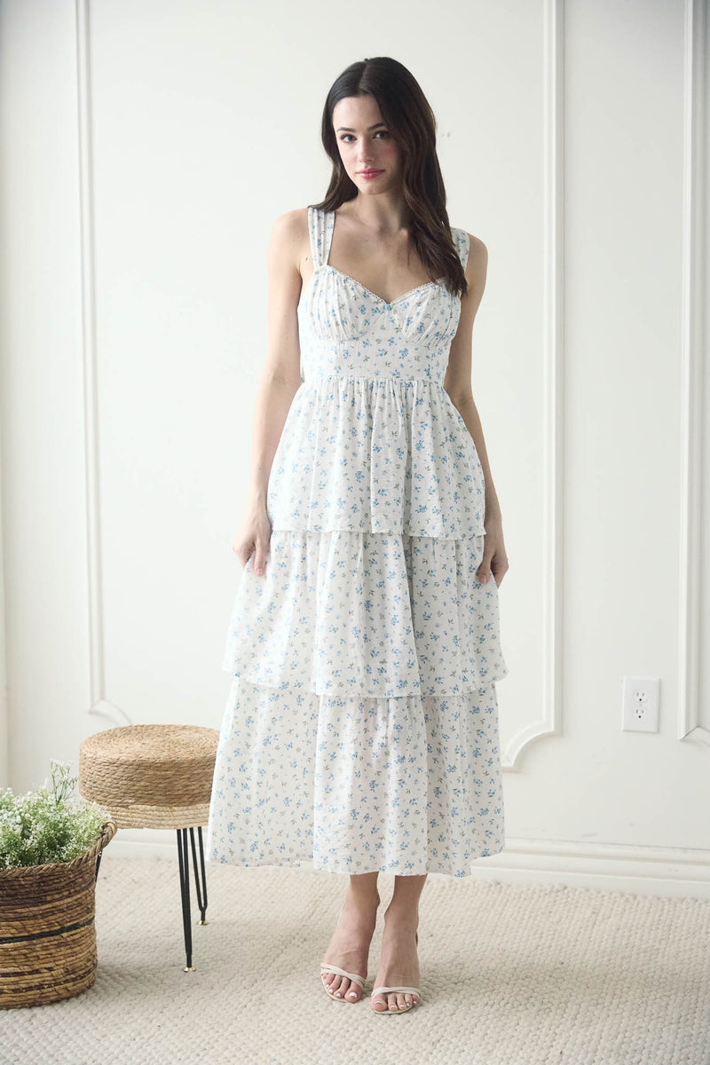 Blue & White Floral Corset Ruffle Tiered Dress