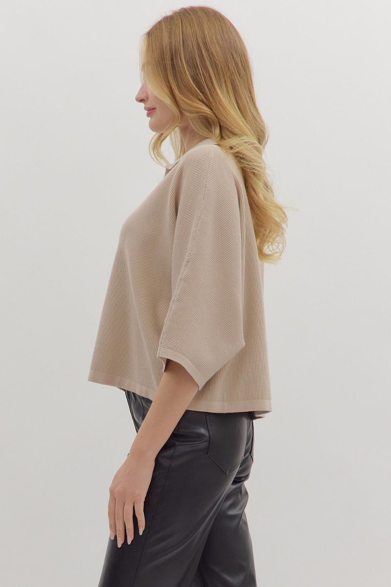 Stone Ribbed Collared Dolman Top
