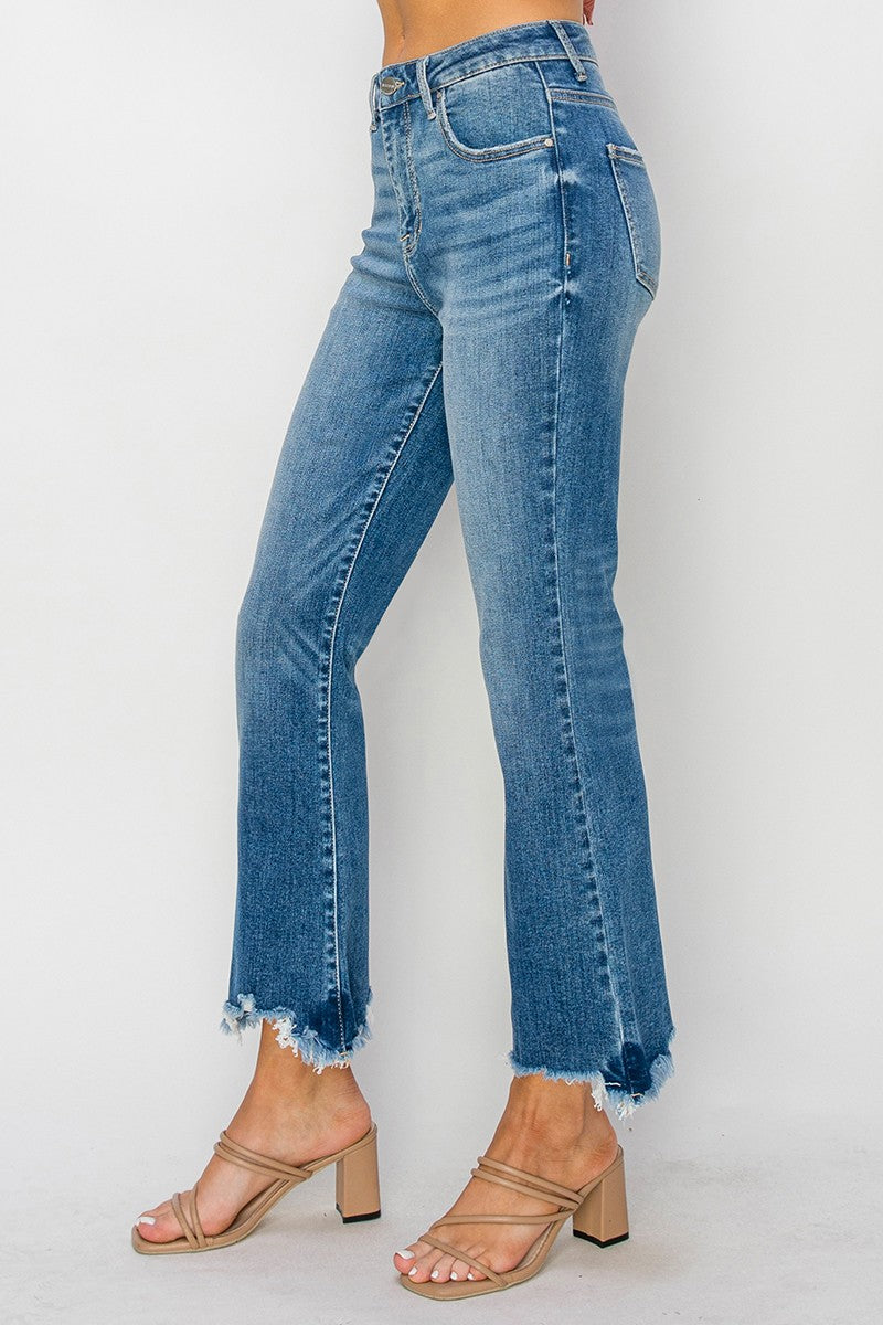 Curvy Cleo's High Rise Crop Flare Fray Hem Jeans