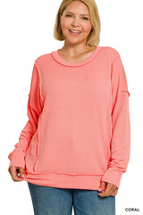 Curvy Raised Rib Long Sleeve Round Neck Pullover