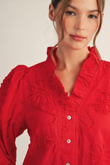 Red Embroidered Button Up Long Sleeve Top