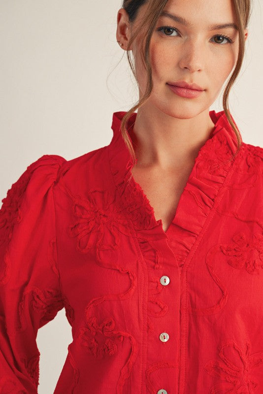 Red Embroidered Button Up Long Sleeve Top