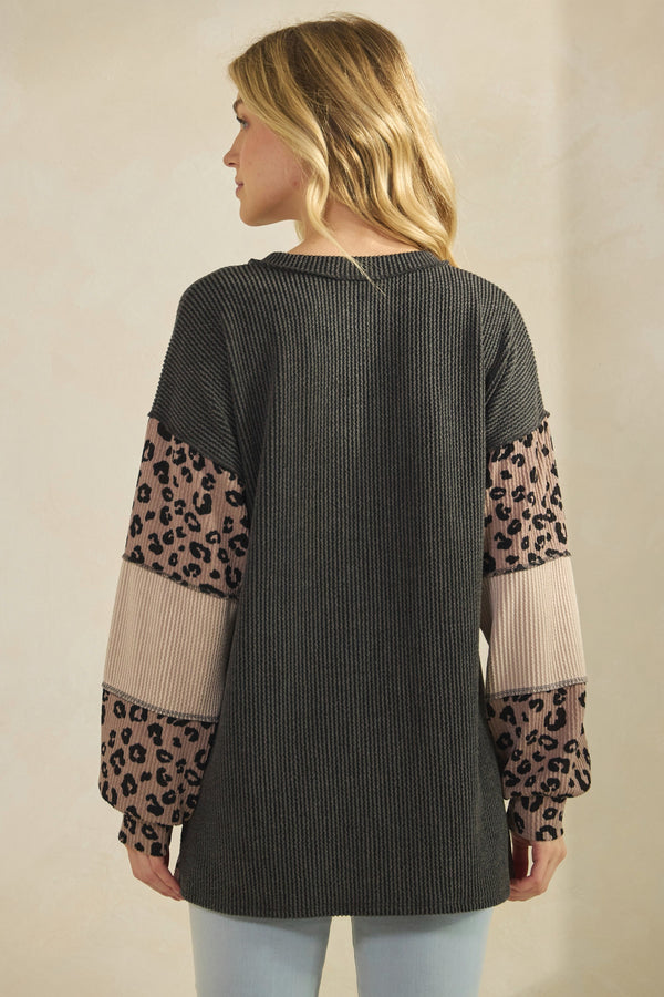 Leopard and Charcoal Colorblock Ribbed Raglan