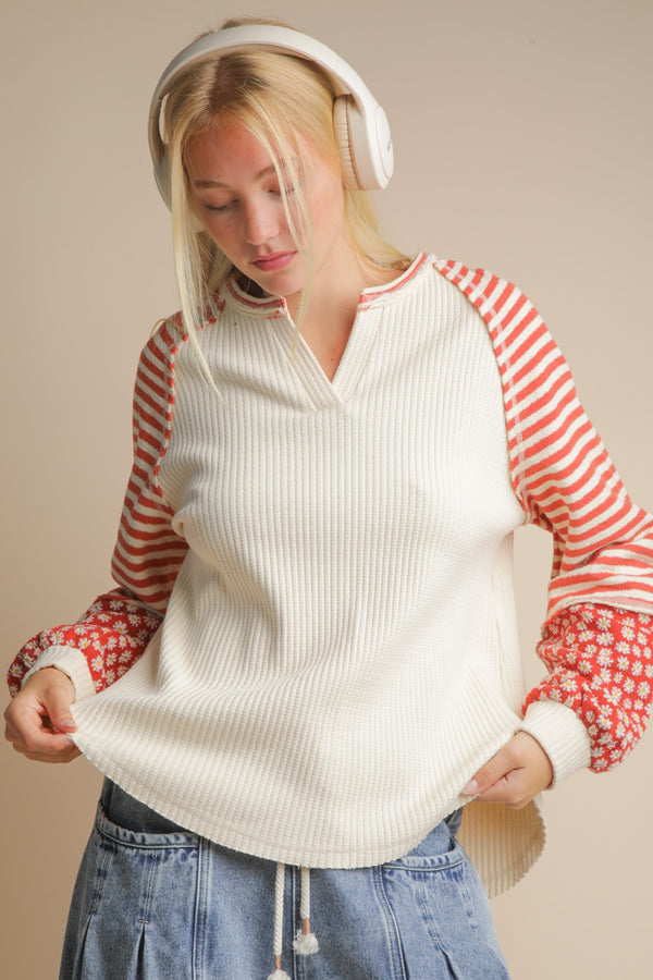 Cream and Rust Oversized Striped Floral Pullover