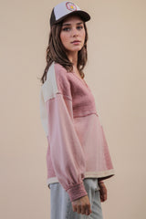 Colorblock Waffle Knit V-Neck Shirt
