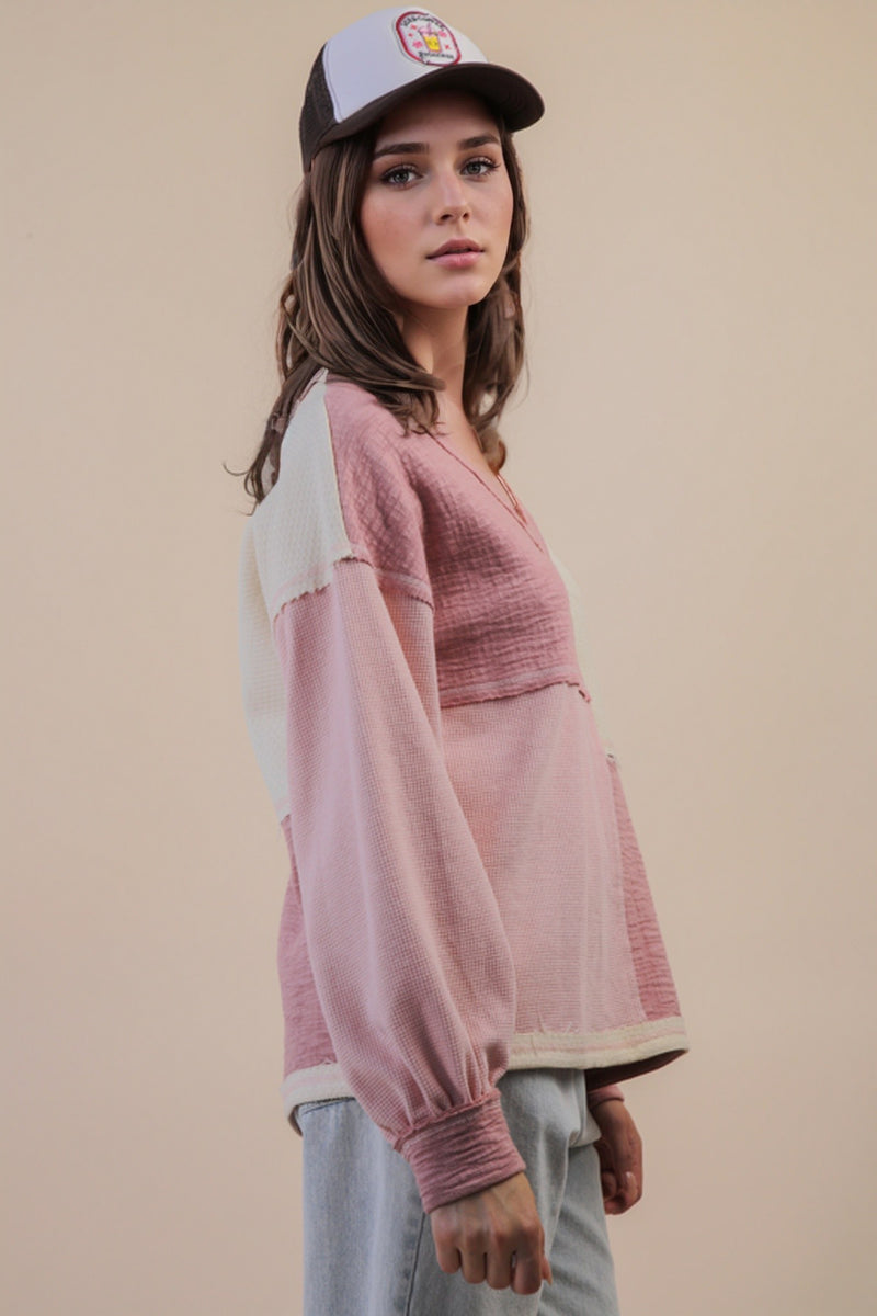 Colorblock Waffle Knit V-Neck Shirt