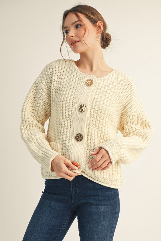 Cream Big Gold Button Cardigan