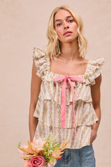 Floral Printed Ruffled Top with Pink Bow