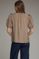 Brown Gingham Short Puff Sleeve Top