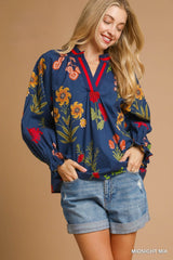 Floral Print V Neck Collar Top