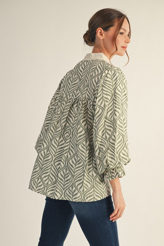 Sage and White Patterned Collared Shirt