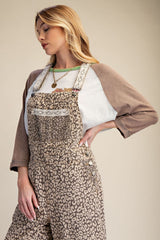 Mocha Leopard Print Washed Twill Overalls