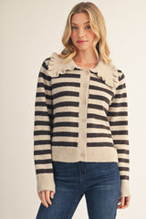 Oatmeal Ruffled Peter Pan Collared Striped Sweater