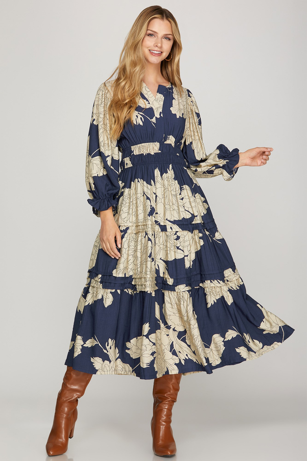 Navy Floral Tiered Midi Dress