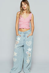 Striped Denim Wide Leg Pants with Heart and Star Patchwork