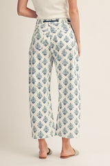 Drawstring Waist Blue Baroque Floral Barrel Pants