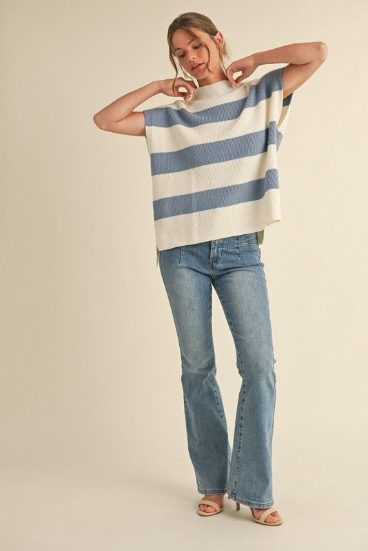 Blue and White Mock Neck Sweater Tank