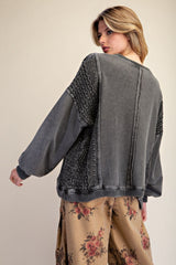 Ash Long Sleeve Crochet Mix Washed Terry Pullover