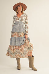 Caramel Patch Work Tiered Midi Dress