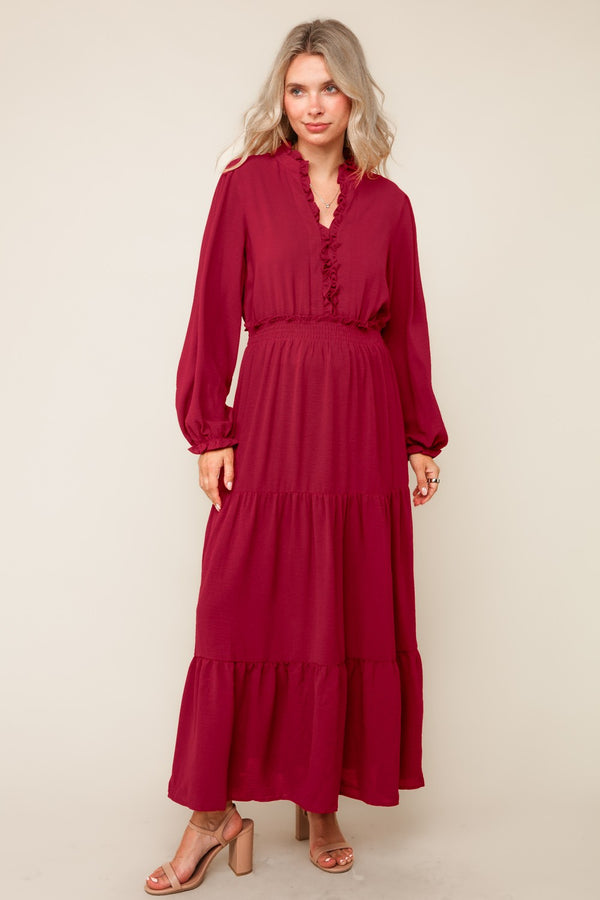 Frilled Smocked Waist Long Sleeve Midi Dress