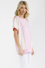 Pink Contrast Lace Short Sleeve Top