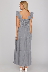 Navy Ruffled Sleeve Gingham Smocked Maxi Dress
