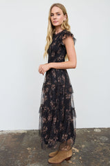 Black Floral Ruffle Tiered Midi Dress