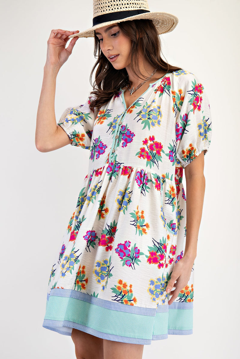 Cream and Blue Floral and Stripe Printed Dress