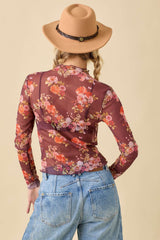 Brown Floral Printed Mesh Top