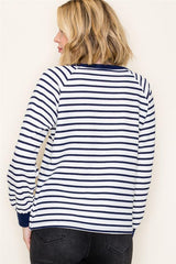 Ivory and Navy Striped V Neck Top