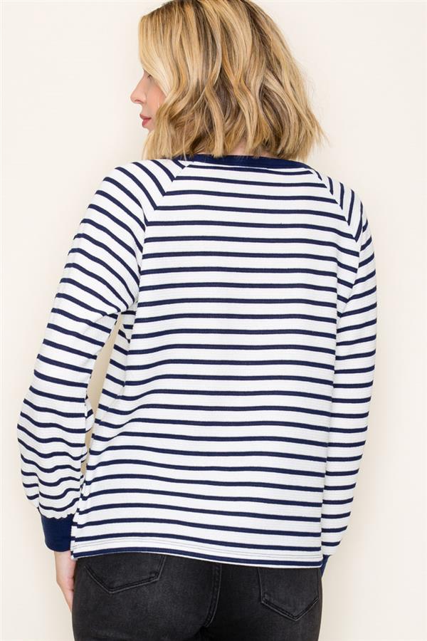 Ivory and Navy Striped V Neck Top