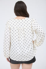 Curvy White Polka Dot Blouse With Cinched Sleeves