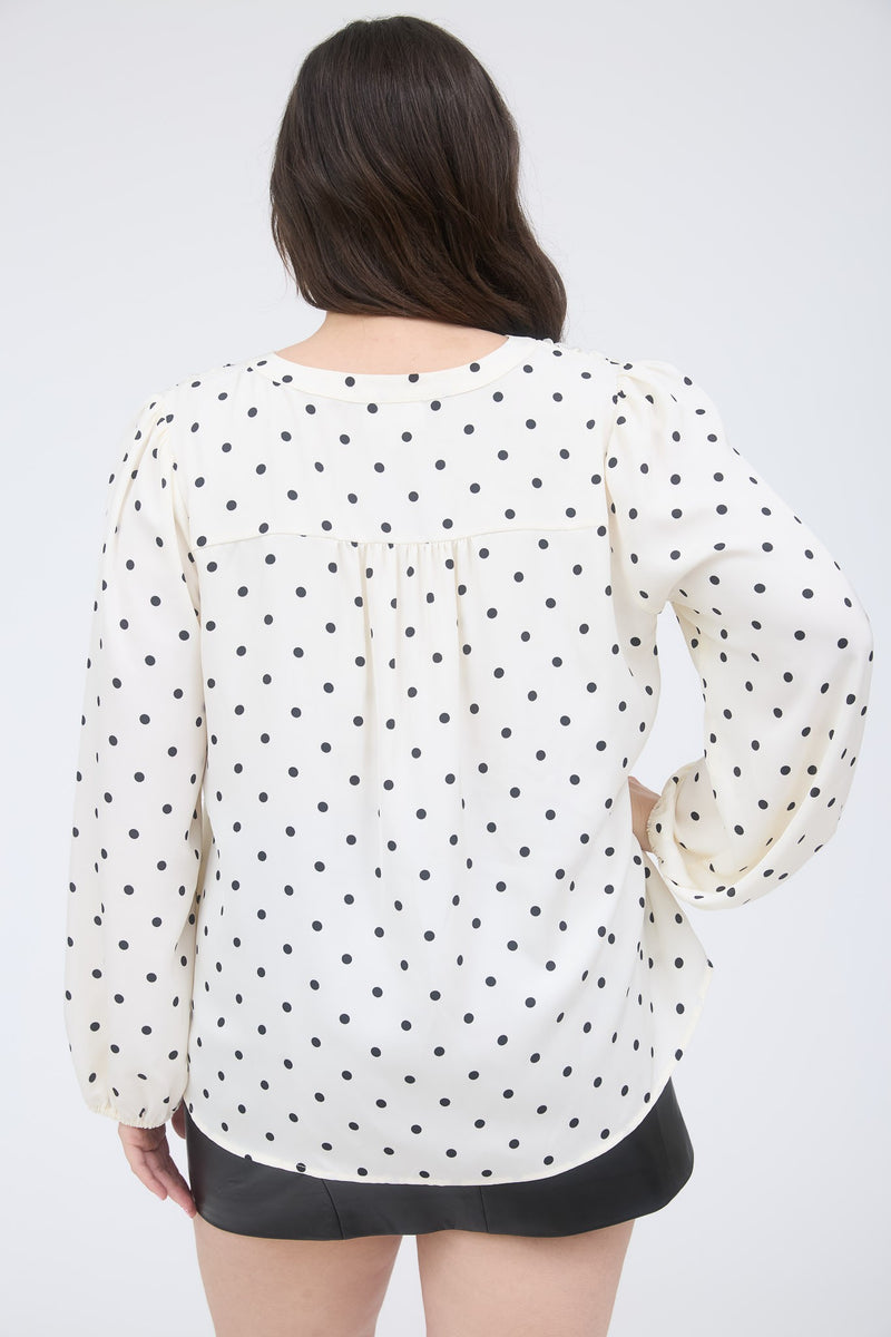 Curvy White Polka Dot Blouse With Cinched Sleeves