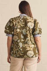 Curvy Olive Floral Short Puff Sleeve Top
